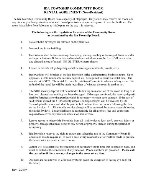 Ida Township Community Room Rental Agreement Non Resident