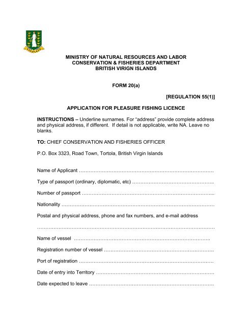 BVI Fishing License application form