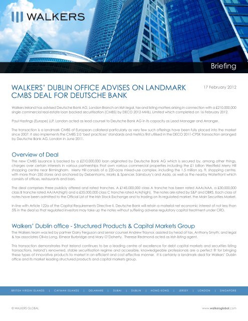 WALKERS' DUBLIN OFFICE ADVISES ON LANDMARK CMBS ...