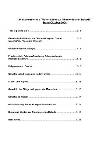 "Materialliste zur Ökumenischen Dekade" Stand Oktober 2004
