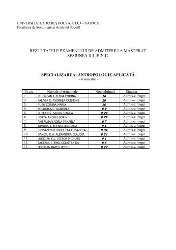 rezultatele examenului de admitere la masterat sesiunea iulie 2012 ...