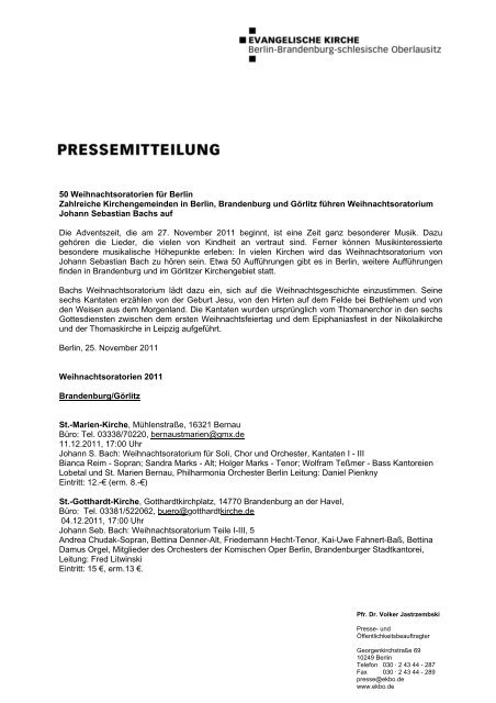 50 Weihnachtsoratorien für Berlin Zahlreiche Kirchengemeinden in ...