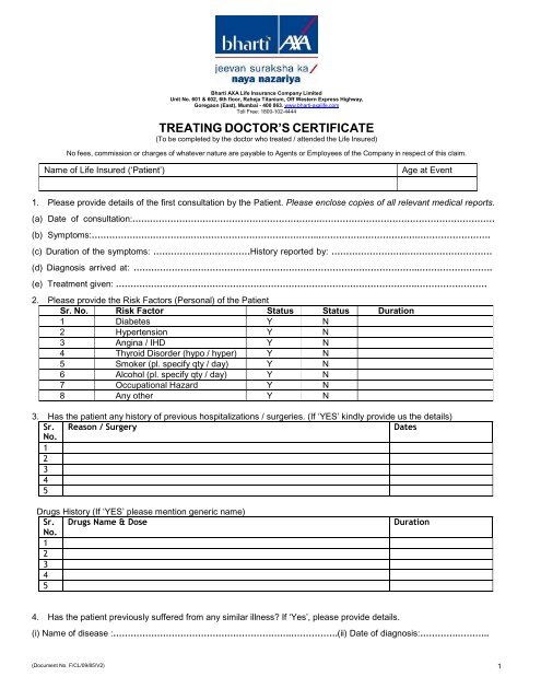 TREATING DOCTOR'S CERTIFICATE - Bharti AXA Life Insurance