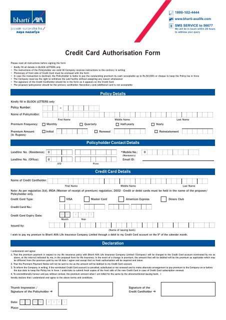 Credit Card Authorisation Form - Bharti AXA Life Insurance