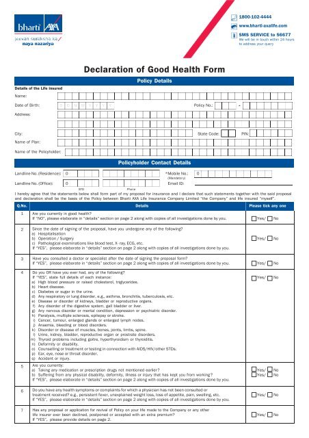 Declaration of Good Health Form - Bharti AXA Life Insurance