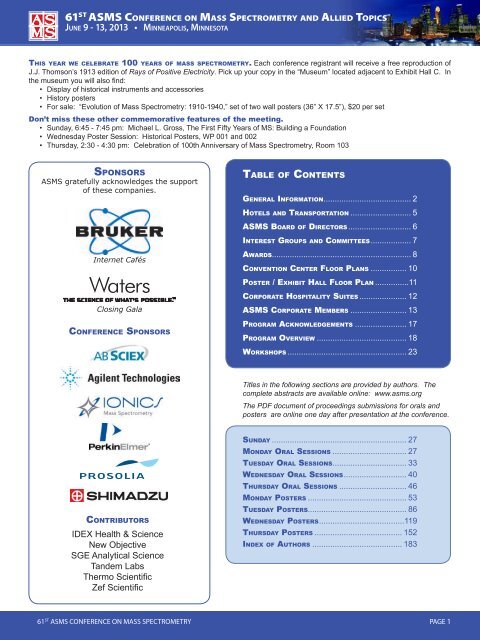 ASMS Conference Mass Spectrometry Allied Topics Sponsors Table Contents