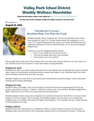Valley Park School District Weekly Wellness Newsletter