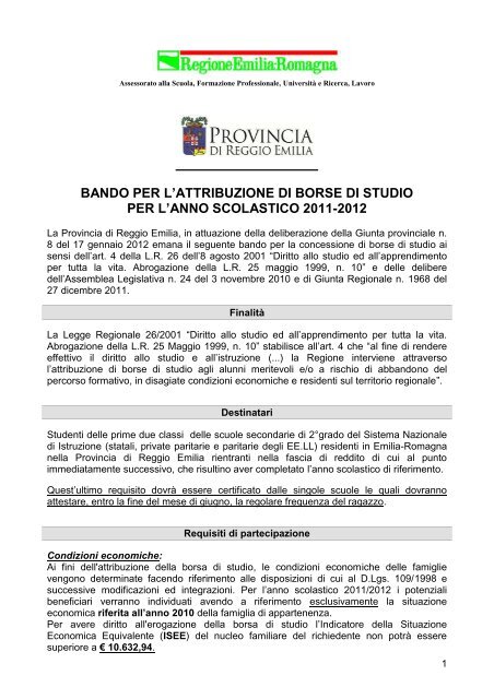 BANDO PER L'ATTRIBUZIONE DI BORSE DI STUDIO PER L'ANNO SCOLASTICO 2011-2012