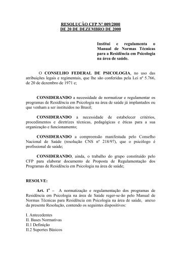 ResoluÃ§Ã£o CFP nÂ° 09/2000 - Conselho Regional de Psicologia
