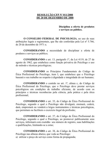 ResoluÃ§Ã£o CFP nÂº 011/2000 - Conselho Federal de Psicologia