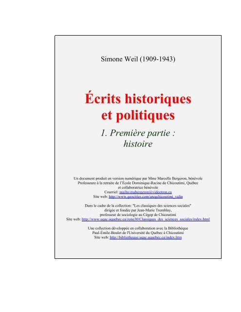 âHistoireâ livre de Mme Simone Weil au format PDF - Les Classiques ...