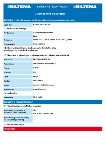 SIKKERHETSDATABLAD 2-komponent polyuretan