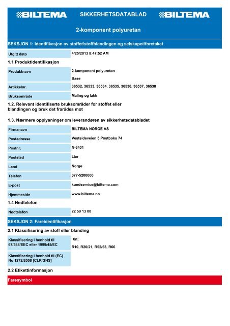 SIKKERHETSDATABLAD 2-komponent polyuretan