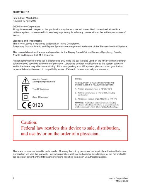 Operator's Manual Model BBC Biopsy Breast Array Coil for ... - Invivo