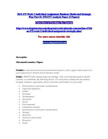 BUS 475 Week 3 Individual Assignment Business Model and Strategic Plan Part II SWOTT Analysis Paper (2 Papers)/shoptutorial