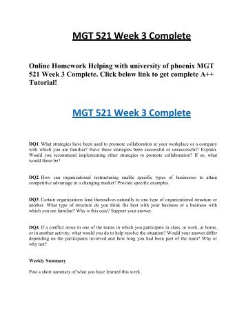 MGT 521 Week 3 Complete Online Homework Help Phoenix University