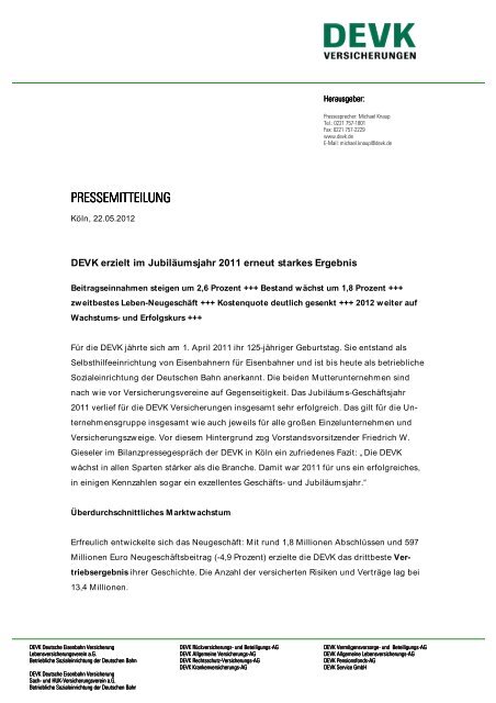 PRESSEMITTE PRESSEMITTEILUNG - DEVK Versicherungen