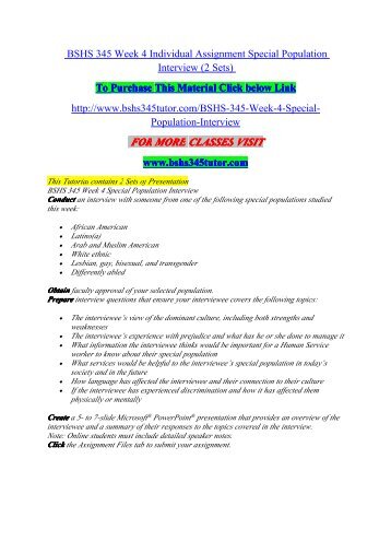 BSHS 345 Week 4 Individual Assignment Special Population Interview (2 Sets) / uophelp