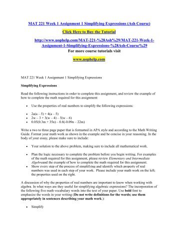 MAT 221 Week 1 Assignment 1 Simplifying Expressions (Ash Course/ UOPHELP