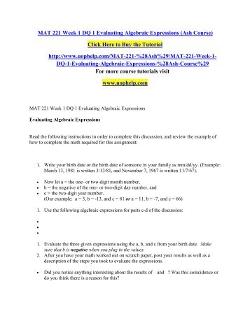 MAT 221 Week 1 DQ 1 Evaluating Algebraic Expressions (Ash Course)/ UOPHELP