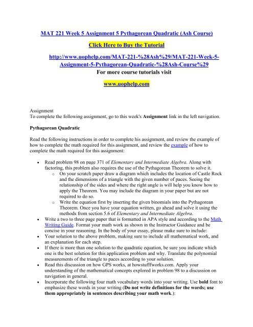 MAT 221 Week 5 Assignment 5 Pythagorean Quadratic (Ash Course)/ UOPHELP