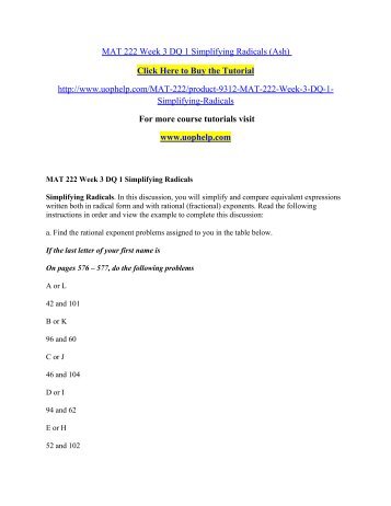 MAT 222 Week 3 DQ 1 Simplifying Radicals/ UOPHELP