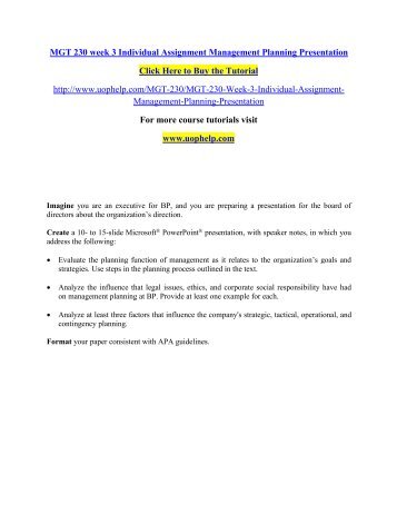 mgt 230 organizational plans paper week 3 Transcript of xmgt 230 week 6 individual organizational structure paper wwwassignmentcloudcom write a minimum 1,050-word paper in which you select an organization. mgt 230 organizational plans paper week 3 Transcript of xmgt 230 week 6 individual organizational structure paper wwwassignmentcloudcom write a minimum 1,050-word paper in which you select an organization.