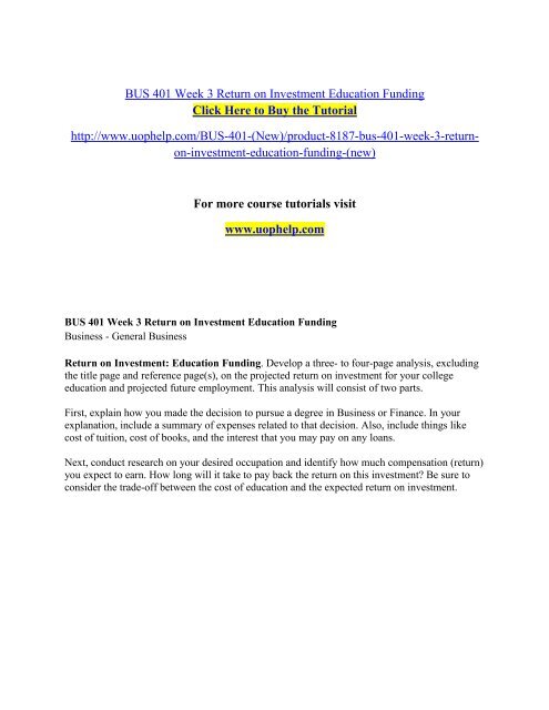 Bus 401 Week 3 Return On Investment Education Funding Pdf