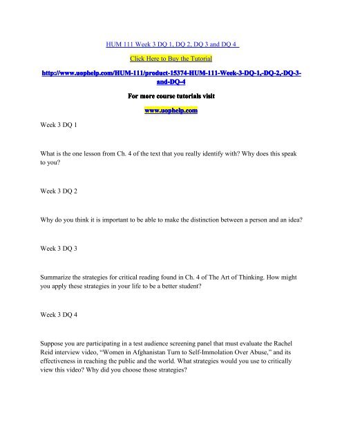 HUM 111 Week 3 DQ 1, DQ 2, DQ 3 and DQ 4/UopHelp