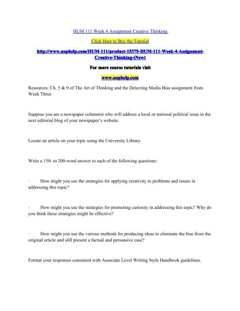 HUM 111 Week 4 Assignment Creative Thinking/UopHelp