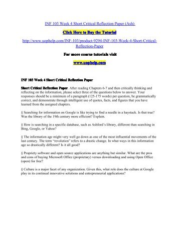 short critical reflection paper week 4 Order your critical thinking paper at pro with reflection, instead of the critical one critical thinking writing tasks are extensively. short critical reflection paper week 4 Order your critical thinking paper at pro with reflection, instead of the critical one critical thinking writing tasks are extensively.