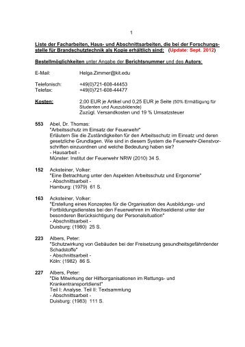 Liste der Fach-, Abschnitts- und Hausarbeiten der Feuerwehr