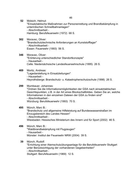 Liste der Fach-, Abschnitts- und Hausarbeiten der Feuerwehr