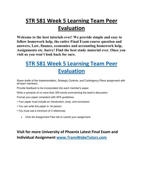 STR 581 Week 5 Learning Team Peer Evaluation UOP Study Material