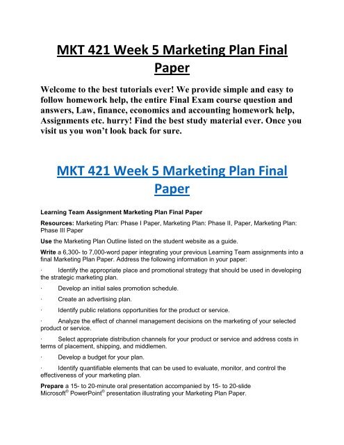 MKT 421 Week 5 Marketing Plan Final Paper UOP Study Material