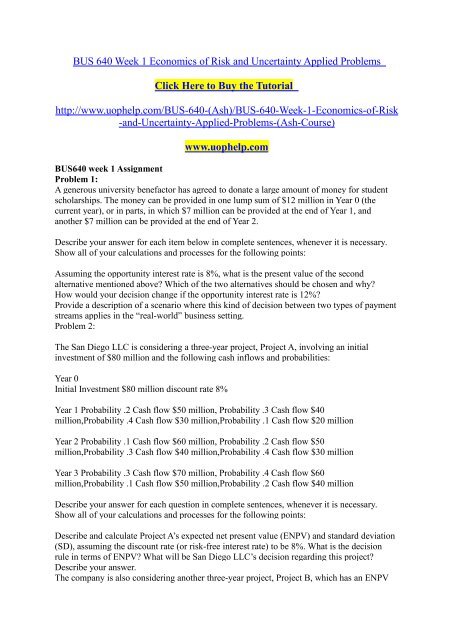 BUS 640 Week 1 Economics of Risk and Uncertainty Applied Problems./uophelp