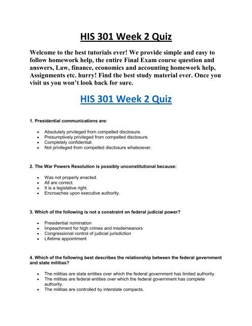 Uop Course Material His 301 Week 2 Quiz Uop Course Material His 301 Week 2 Quiz