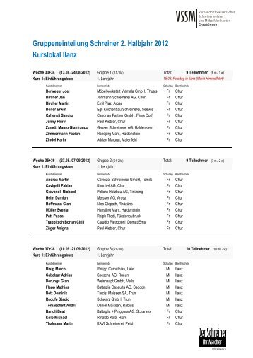 Gruppeneinteilung Schreiner 2. Halbjahr 2012 Kurslokal ... - VSSM GR