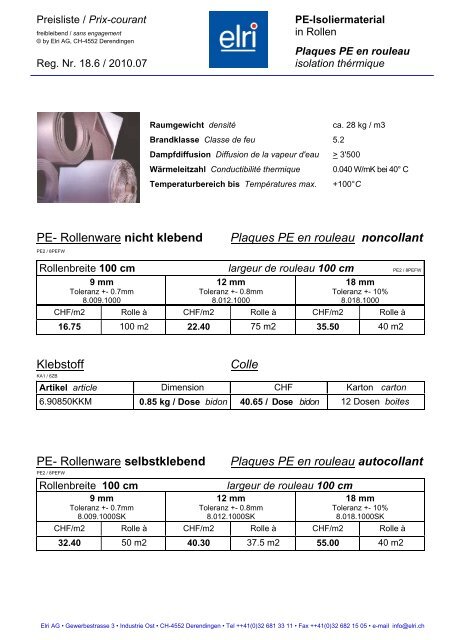 selbstklebend Plaques PE en rouleau autocollant - Elri AG