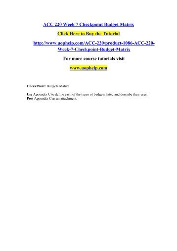 ACC 220 Week 7 Checkpoint Budget Matrix
