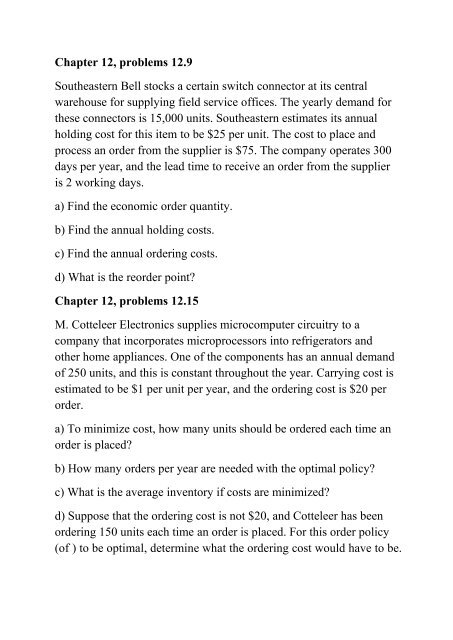 BSOP 330 Week 4 Lab Assignments Chapter 12, problems 12.1, 12.5, 12.9, 12.15 (Devry)