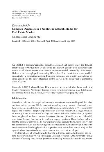 Research Article Complex Dynamics in a Nonlinear Cobweb Model ...