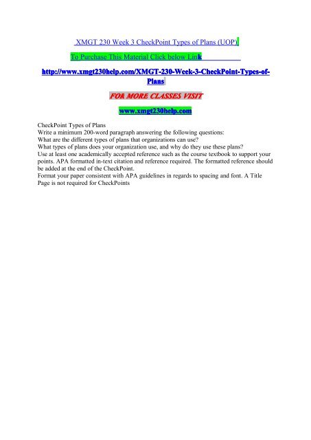 XMGT 230 Week 3 CheckPoint Types of Plans (UOP)/xmgt 230helpdotcom