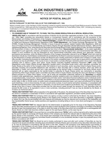 Postal Ballot Notice dated 29/01/2010 - Alok Industries Limited