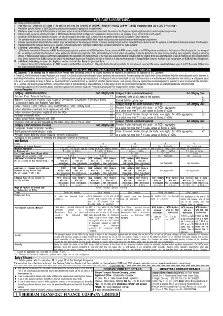 APPLICANT'S UNDERTAKING SHRIRAM TRANSPORT FINANCE COMPANY LIMITED