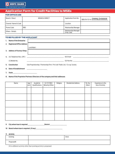 Application Form for Credit Facilities to MSEs