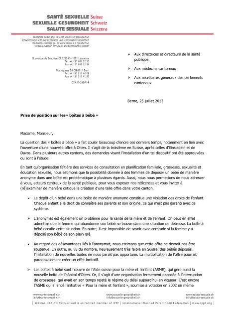 Lettre de SANTE SEXUELLE Suisse aux directeurs cantonaux de la ...