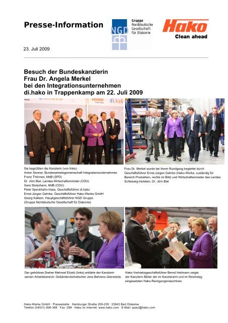 Besuch der Bundeskanzlerin Frau Dr. Angela Merkel bei den - Hako