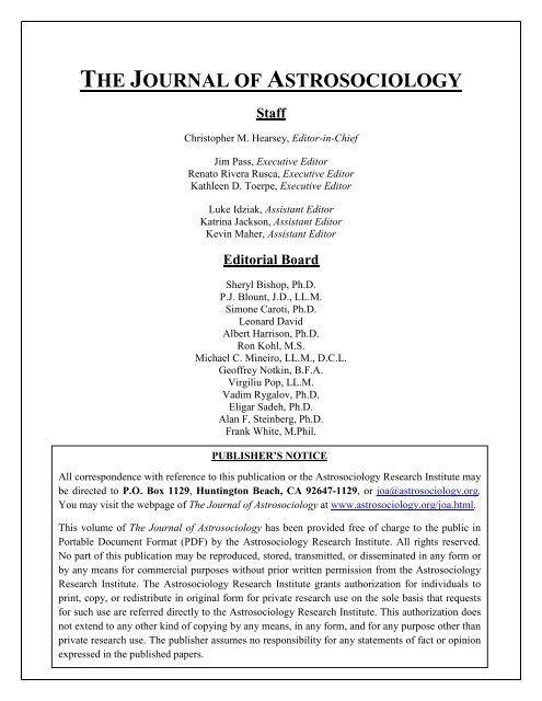 THE JOURNAL OF ASTROSOCIOLOGY VOLUME 1