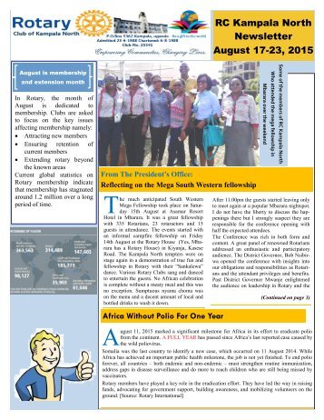 Rotary Club of Kampala North Bulletin - August 17-23, 2015